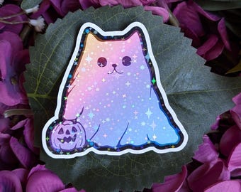 Ghost Cat Sticker | Rainbow Cat Sticker | Halloween Cat Sticker | Rainbow Sticker |Vinyl Waterproof Sticker for Water Bottle, Kindle, Laptop