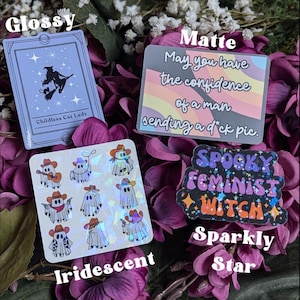 May include: A set of stickers with different finishes, including glossy, matte, iridescent, and sparkly. The stickers feature various designs, including a cat witch, a ghost wearing a cowboy hat, and a feminist witch.