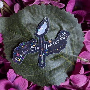 May include: A black and white sticker with a wand and a feather, with the text "It's leviosa not levioSA" in a sparkly font.