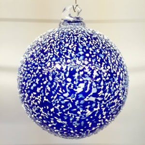 Handblown Glass Ornament, Blue Snowball by Tazza Glass