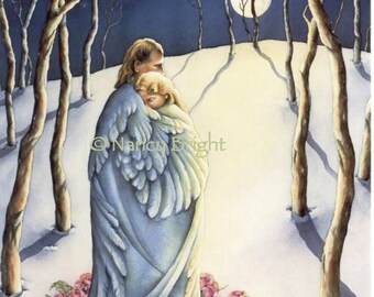 The Warmth of Honest Love- In snow, encircled by roses and a feather blanket, a couple embraces