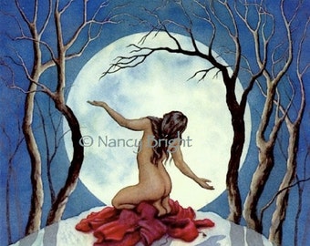 Surrender I To Thee- A woman kneeling in the light of the full moon a raises her arms in surrender