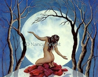 Woman Moon Art Print – Surrender Watercolor Painting (11x14)