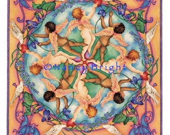 Cupid's Heart mandala- cupid gives valentine heart to messenger dove encirlcled by lavendar and violets