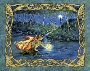 Once Upon A Stream- A fairy holds a baby dragon by a stream in the woodland moonlight