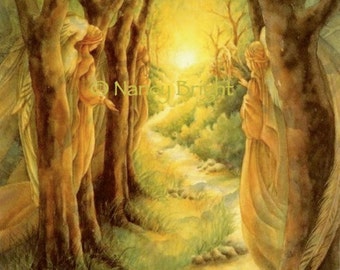 Journey On, My Beloved- Angels hover in the forest as the distant traveler follows the illumined path