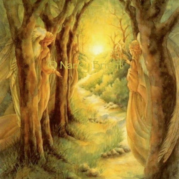 Journey On, My Beloved- Angels hover in the forest as the distant traveler follows the illumined path