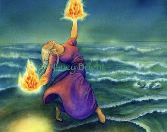 By Fire, I Bend - Barefoot woman in purple dress by the ocean at night holding fire in her hands