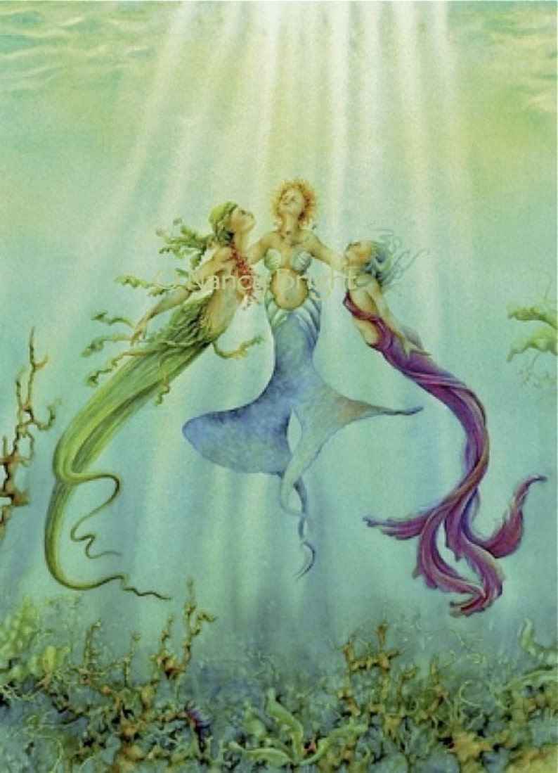 Sisters Of The Sea Three mermaids bask underwater in the rays of the sun image 1