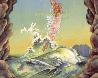 Ocean Rise Woman Watercolor Print, Signed Art (11x14)