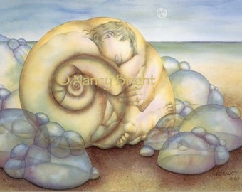 Inside This Shell Of Mine-  A human figure nestled inside a nautilus shell amidst sea foam bubbles