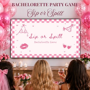 Peut inclure: Un jeu de fête de bachelorette numérique intitulé Sip or Spill affiché sur un écran. Le graphique présente une bordure à carreaux rose et blanc, des illustrations d'un haut de bikini, d'un bas de bikini, de lèvres et de lunettes en forme de cœur.