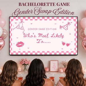 May include: A digital screen displays a pink and white checkered bachelorette game titled Gender Swap Edition with the text Who's Most Likely To, surrounded by pink balloons and heart-shaped balloons on both sides of the screen.