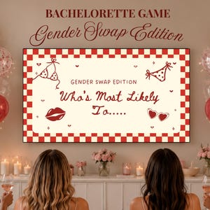 Può includere: Un cartello per giochi di festa con il testo "Bachelorette Game Gender Swap Edition" e "Who's Most Likely To..." in un carattere decorativo. Il cartello presenta grafiche di bikini e cuori, con un bordo a scacchi rosso e bianco. Palloncini e candele sullo sfondo.