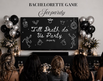 Bridal Bachelorette Trivia Template Bride Jeopardy Bach Game Canva Custom Editable Spooky Gothic Witch Death Do Us Party Skeleton Bride