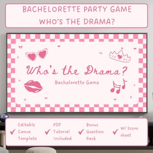 Op de afbeelding: Een roze en wit vrijgezellenfeestspel getiteld "Who's the Drama?" met hartvormige zonnebrillen, een kroon en muzieknoten. Het spel bevat een Canva-sjabloon, een tutorial, een vragenpakket en een scoreblad.