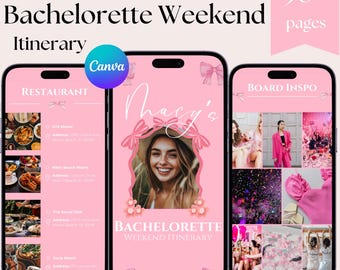 May include: A pink and white mobile phone screen displaying a bachelorette weekend itinerary with a photo of a woman and the text "Macy's Bachelorette Weekend Itinerary". The screen also includes a list of restaurants and the text "Board Inspo".