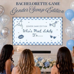 Könnte beinhalten: Ein Bildschirm mit dem Spiel "Bachelorette Game Gender Swap Edition". Der Bildschirm hat einen hellblauen Hintergrund mit einem Bikini, einer Sonnenbrille und einer Lippe. Silberne, weiße und blaue Ballons schmücken den Hintergrund.