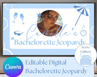 Vrijgezellenfeest laatste toast aan de kust Jeopardy spelsjabloon strand vrijgezellenfeest vrijgezellenfeest spel Coastal Jeopardy Bride Jeopardy Canva