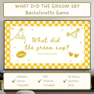 May include: A framed bachelorette party game with the text "What did the groom say?" in a yellow and white checkered design. The game includes bikini and sunglasses graphics. The game is an editable Canva template.