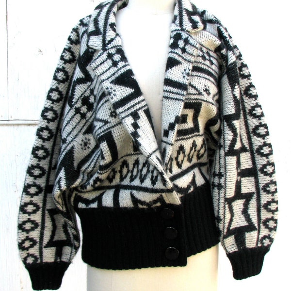 80s Geometric Sweater Jacket, New Wave, ethnic print, women