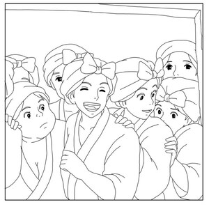 May include: Black and white illustration of a group of people wearing bathrobes and towels with bows on their heads. Several are smiling and looking at the viewer, creating a sense of camaraderie and joy.