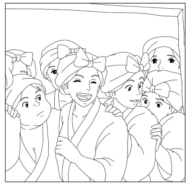 May include: Black and white illustration of a group of people wearing bathrobes and towels with bows on their heads. Several are smiling and looking at the viewer, creating a sense of camaraderie and joy.