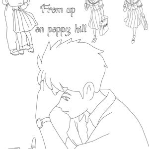 May include: A black and white line drawing of a young man sitting at a desk, writing in a notebook. The text "From up on poppy hill" is written in cursive above him.