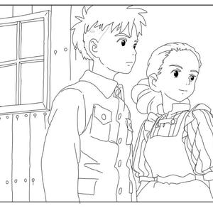 May include: Black and white line art of two anime-style characters. A young man in a button-up shirt and a young woman in a dress and apron stand side-by-side. A wooden door and window are in the background.