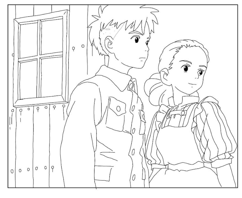 May include: Black and white line art of two anime-style characters. A young man in a button-up shirt and a young woman in a dress and apron stand side-by-side. A wooden door and window are in the background.