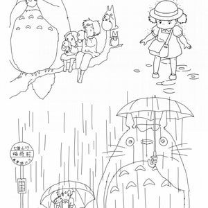 May include: Black and white line art illustration of Totoro, a large, furry, friendly creature from the animated film My Neighbor Totoro. The illustration shows Totoro in different scenes, including with a girl under an umbrella, and with two girls sitting on a tree branch.