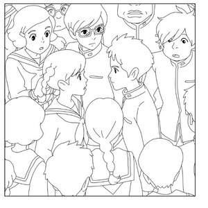 May include: Black and white illustration of a group of people, likely students, in a crowd. Several figures are looking at each other with expressions of surprise or concern. The artwork has a manga or anime style.