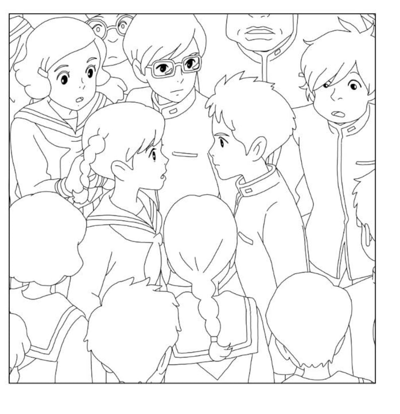 May include: Black and white illustration of a group of people, likely students, in a crowd. Several figures are looking at each other with expressions of surprise or concern. The artwork has a manga or anime style.