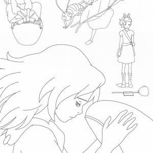 May include: Black and white line art illustration of a young girl with long hair, holding a large object in her arms. The girl is looking down at the object. The word "Arrietty" is written in cursive at the top of the page.