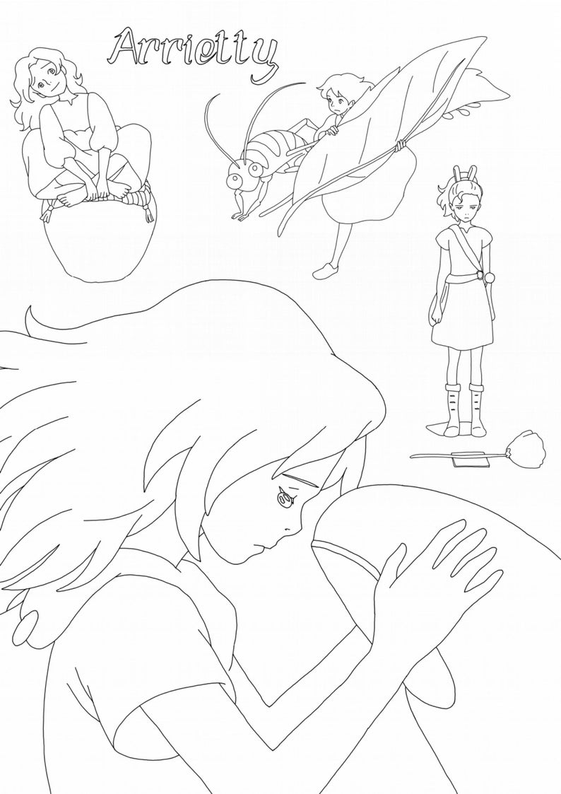 May include: Black and white line art illustration of a young girl with long hair, holding a large object in her arms. The girl is looking down at the object. The word "Arrietty" is written in cursive at the top of the page.