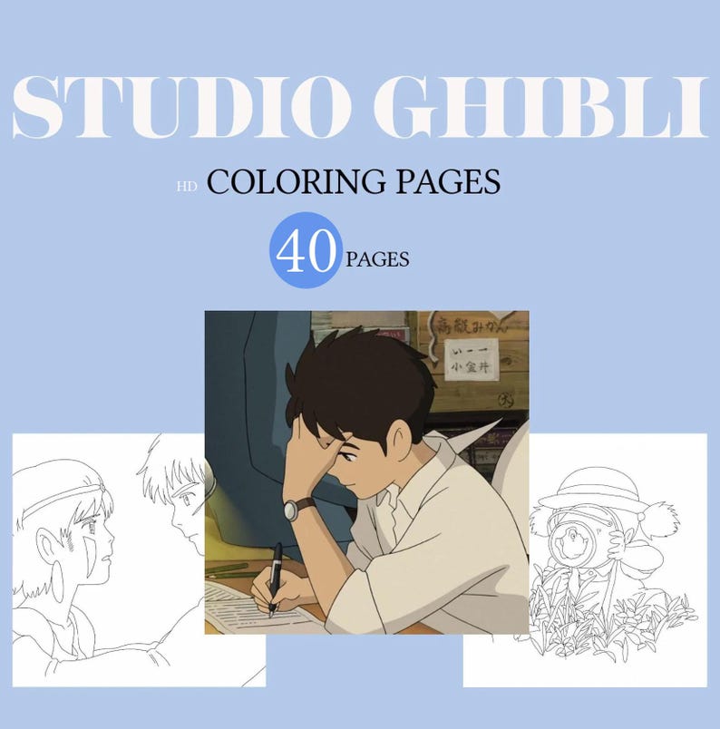 May include: A black and white coloring page featuring a young man sitting at a desk writing. The page is part of a set of 40 Studio Ghibli coloring pages.