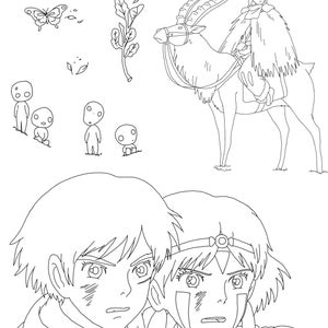 May include: Black and white line art illustration of characters from the animated film Princess Mononoke. The illustration features a young woman with a wolf mask, a young man, a deer-like creature, and several small forest spirits.