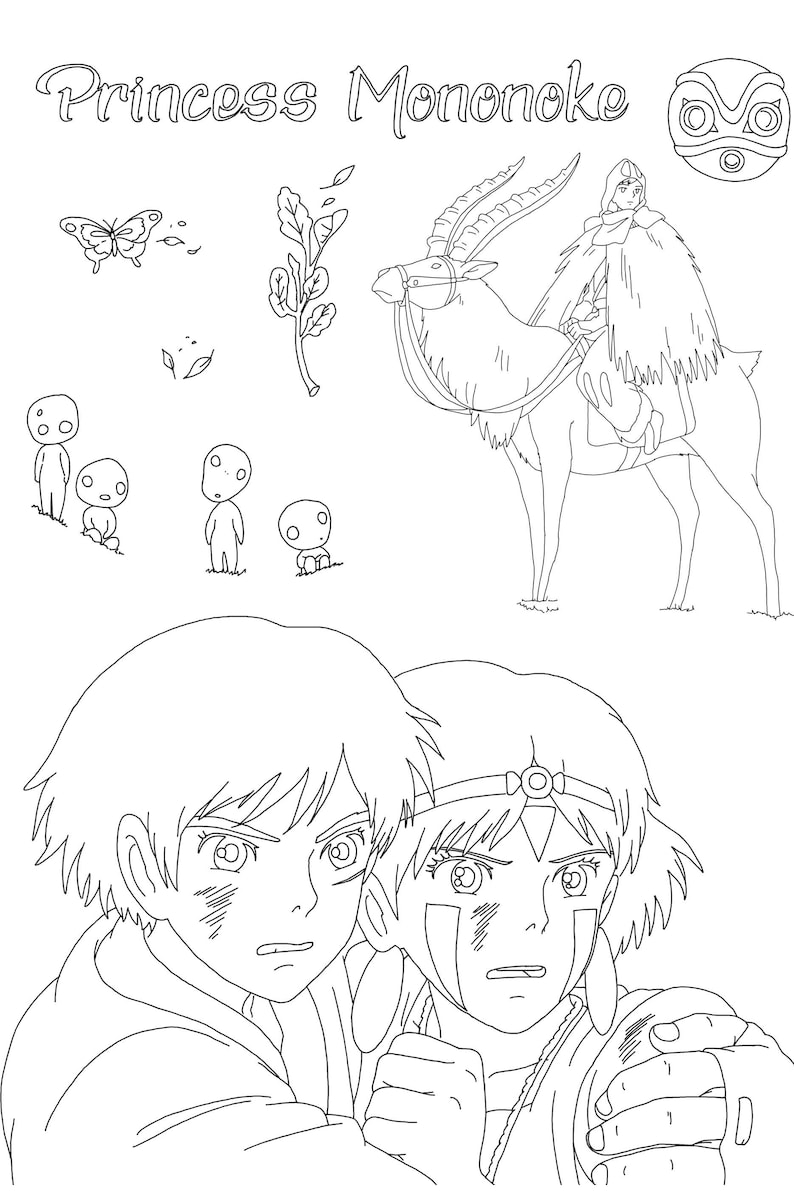 May include: Black and white line art illustration of characters from the animated film Princess Mononoke. The illustration features a young woman with a wolf mask, a young man, a deer-like creature, and several small forest spirits.