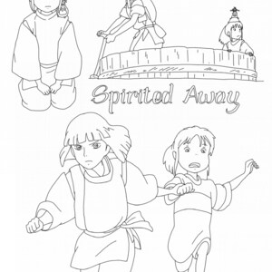 May include: Black and white line art illustration of characters from the animated film Spirited Away. The illustration features Chihiro, Haku, and No Face.