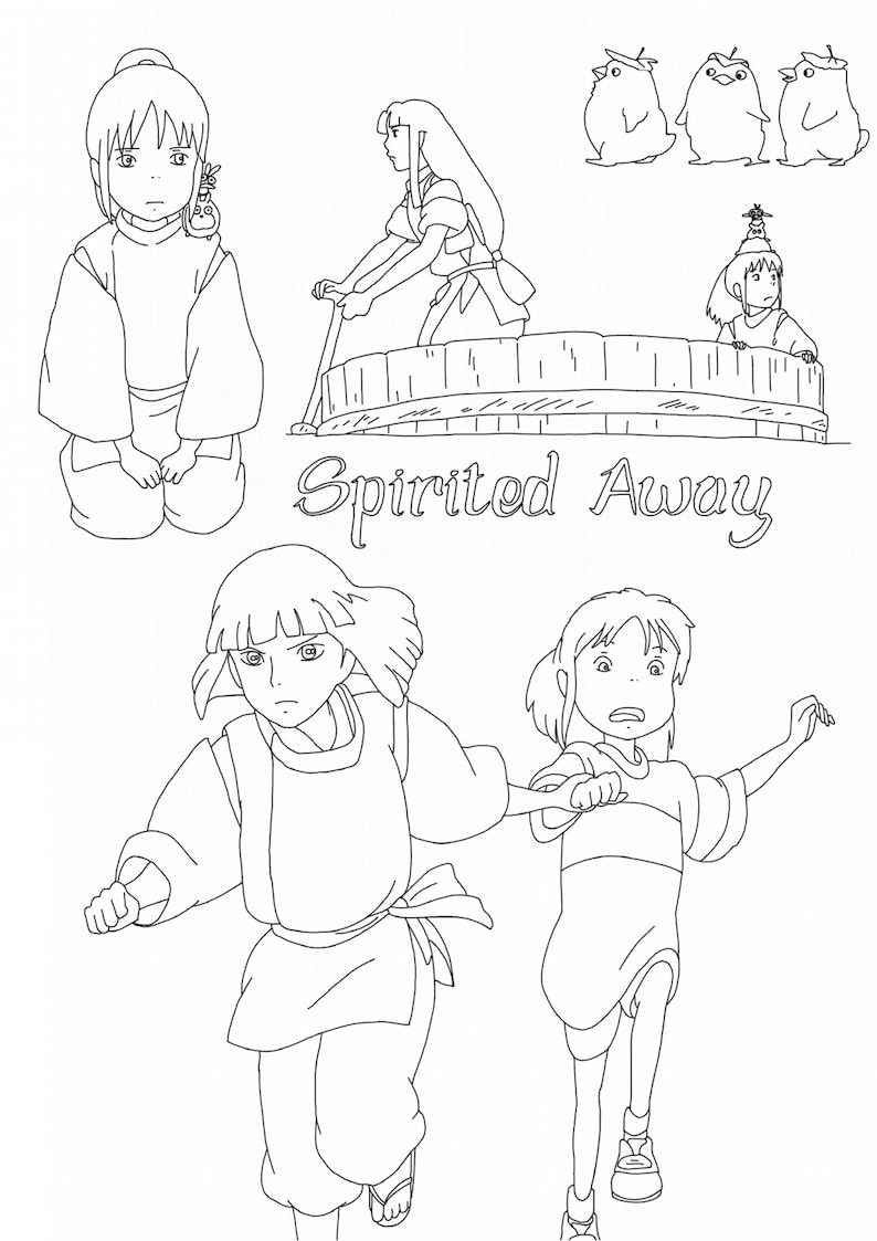 May include: Black and white line art illustration of characters from the animated film Spirited Away. The illustration features Chihiro, Haku, and No Face.