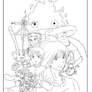 May include: Black and white line art illustration featuring characters from a fantasy animated film. The image includes a large, stylized fire demon, a scarecrow, and several human figures, all rendered in a detailed, cartoon style.