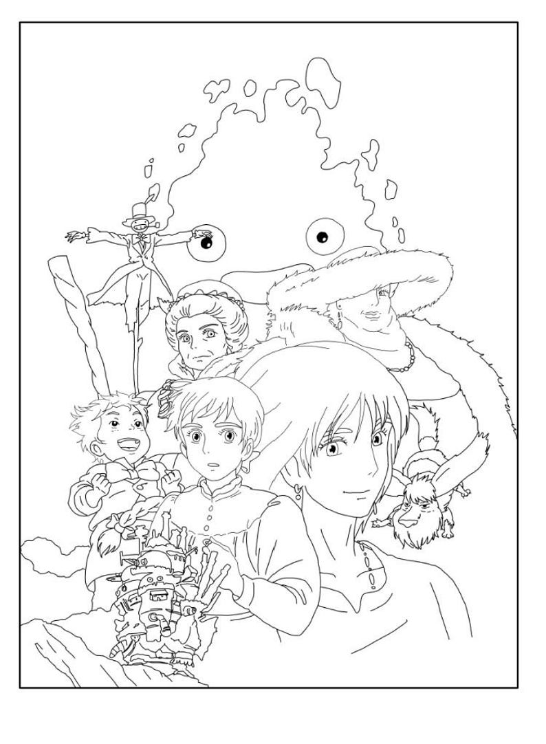 May include: Black and white line art illustration featuring characters from a fantasy animated film. The image includes a large, stylized fire demon, a scarecrow, and several human figures, all rendered in a detailed, cartoon style.