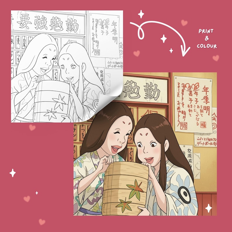 K&ouml;nnte beinhalten: Ein Druck- und Farbbild mit zwei Frauen im Anime-Stil, die einen Holzbeh&auml;lter mit Blattmotiven betrachten. Das Bild enth&auml;lt japanischen Text und die Worte "PRINT & COLOUR". Der Hintergrund ist warmfarbig.