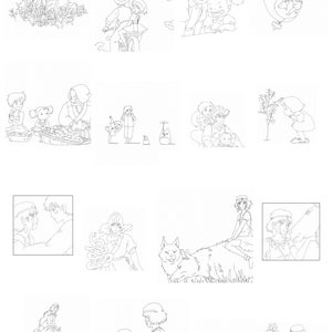 May include: A black and white line drawing illustration of a collection of scenes from the animated film 'My Neighbor Totoro'. The scenes include a young girl riding a cat bus, a young girl and her sister meeting Totoro, and a young girl and her sister walking through a forest.