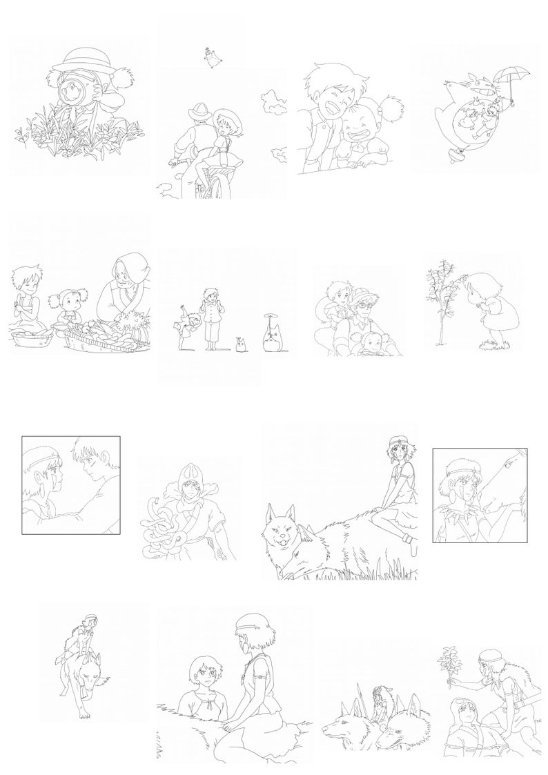 May include: A black and white line drawing illustration of a collection of scenes from the animated film 'My Neighbor Totoro'. The scenes include a young girl riding a cat bus, a young girl and her sister meeting Totoro, and a young girl and her sister walking through a forest.