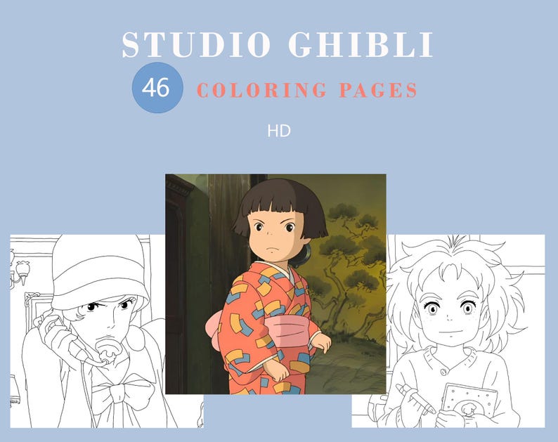 May include: A light blue background with the text "STUDIO GHIBLI" and "46 COLORING PAGES HD". The image features three illustrations of characters from Studio Ghibli films, including a girl in a kimono.