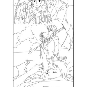 May include: Black and white line art illustration depicting scenes from an animated film. The image shows multiple characters, including a couple holding an umbrella, and a person sleeping. The style is reminiscent of a manga or anime.