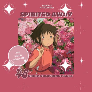 K&ouml;nnte beinhalten: Digitaler Download-Grafik mit einer Figur aus "Spirited Away" in einem rosa und roten Farbschema. Das Bild enth&auml;lt den Text "Princess Illustration", "Spirited Away", "PDF Digital Download" und "48 Ghibli Colouring Pages".