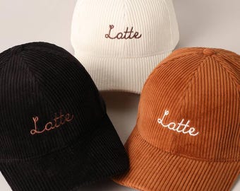Latte Text Embroidery Corduroy Baseball Cap Hat