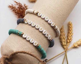 Pulseras de cuentas Heishi personalizables: pulsera de mantra / Nombre / Palabra / Letra dorada